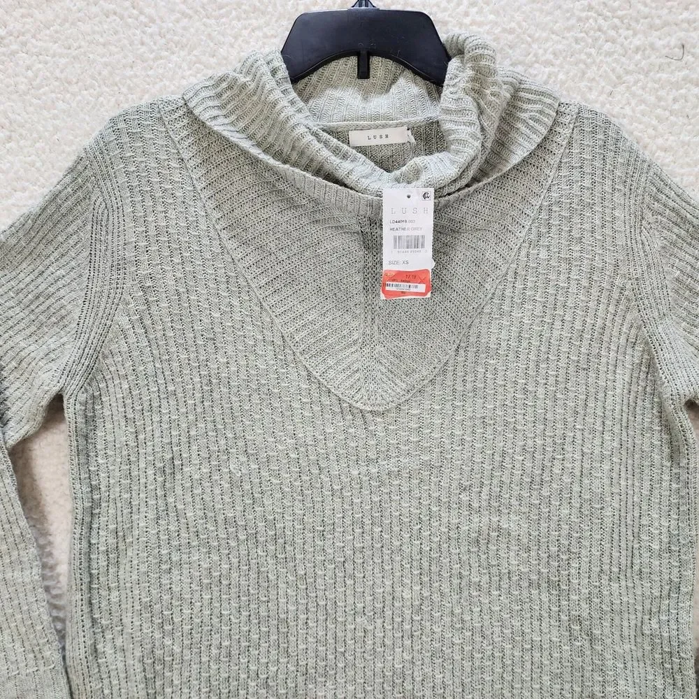 LUSH Knit Sweater Dress Women's XS Light Gray Heather Cowl Neck Long Sleeve + - Picture 2 of 11